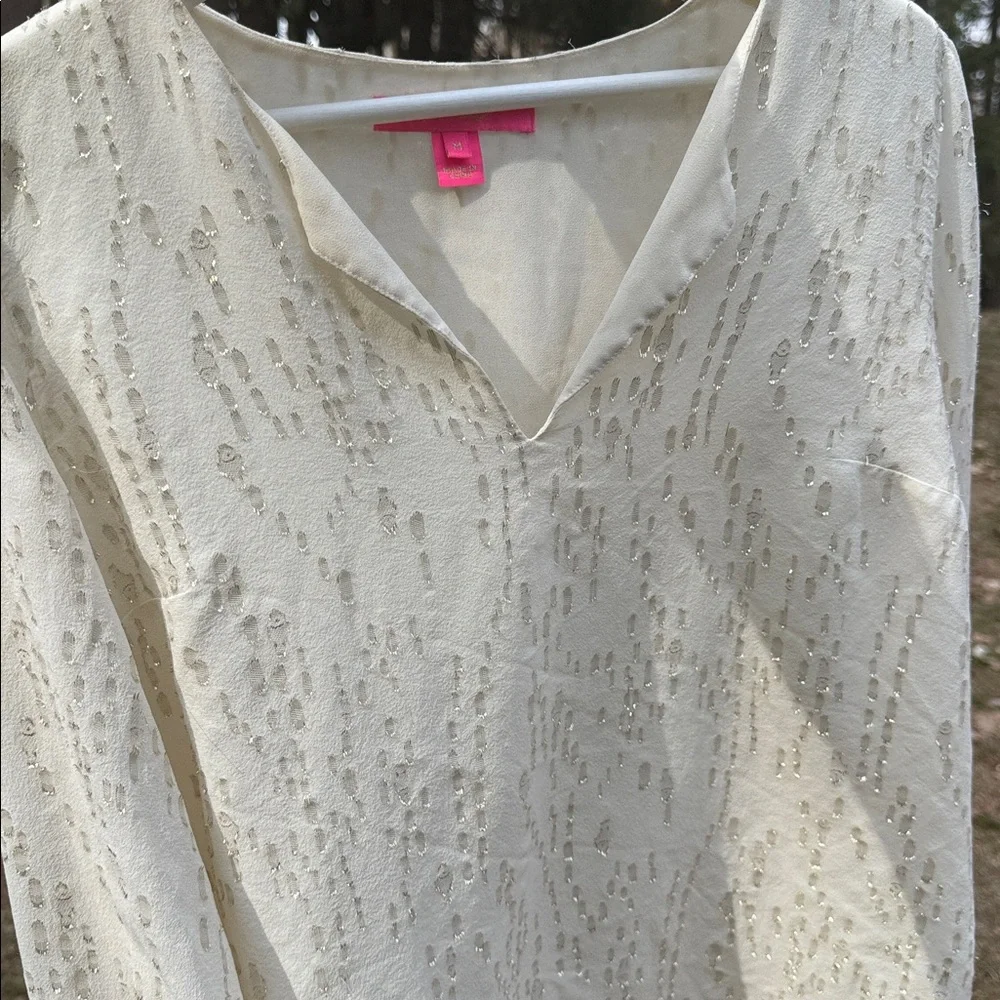 Lilly Pulitzer ELLAREY Cream V-Notch Metallic Dot Silk Blouse Size M - Picture 12 of 12